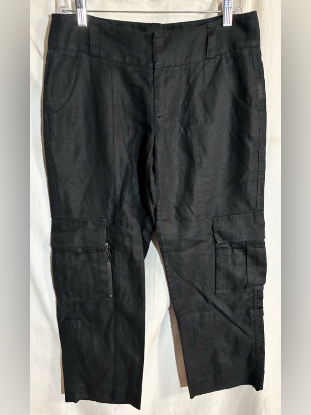 Alice + Olivia Black Linen Utility Ants Sz 4 Cargo zip Pockets Organic Beach